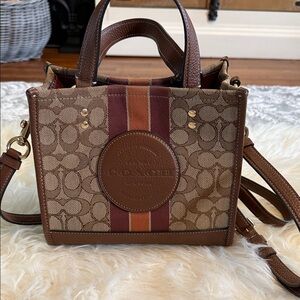 Coach Brown Signature Canvas Crossbody with Red and Orange Stripe